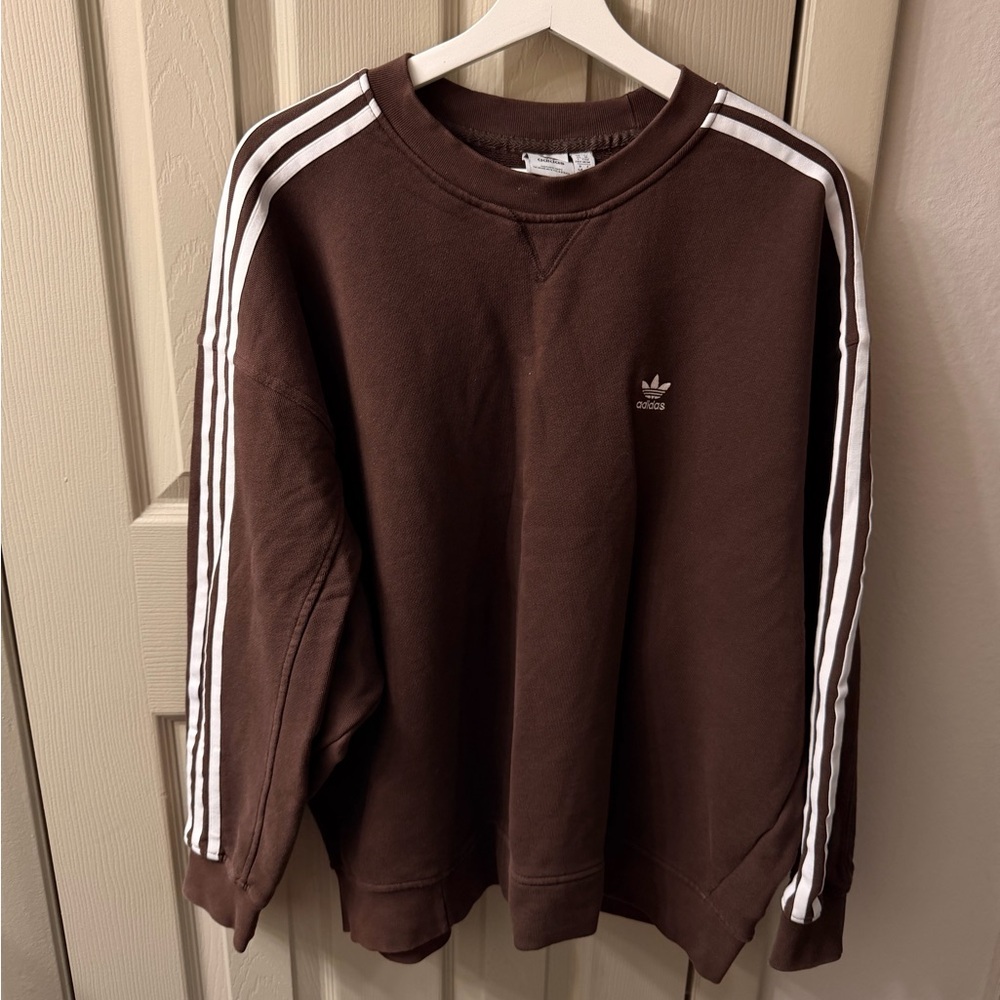 Adidas Chocolate Crewneck Sweater with White Stripes